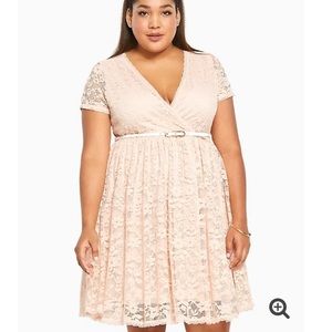 Torrid Pink Blush Lace Wrap-Style Skater Dress